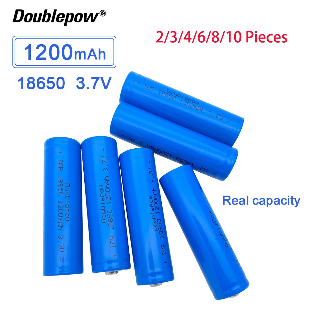 DOUBLEPOW 18650 3.7V 1200mah Pointed Battery Rechargeable Lithium Battery Li-lon Real Capacity 2/3/4/5/6/8/10 Pieces