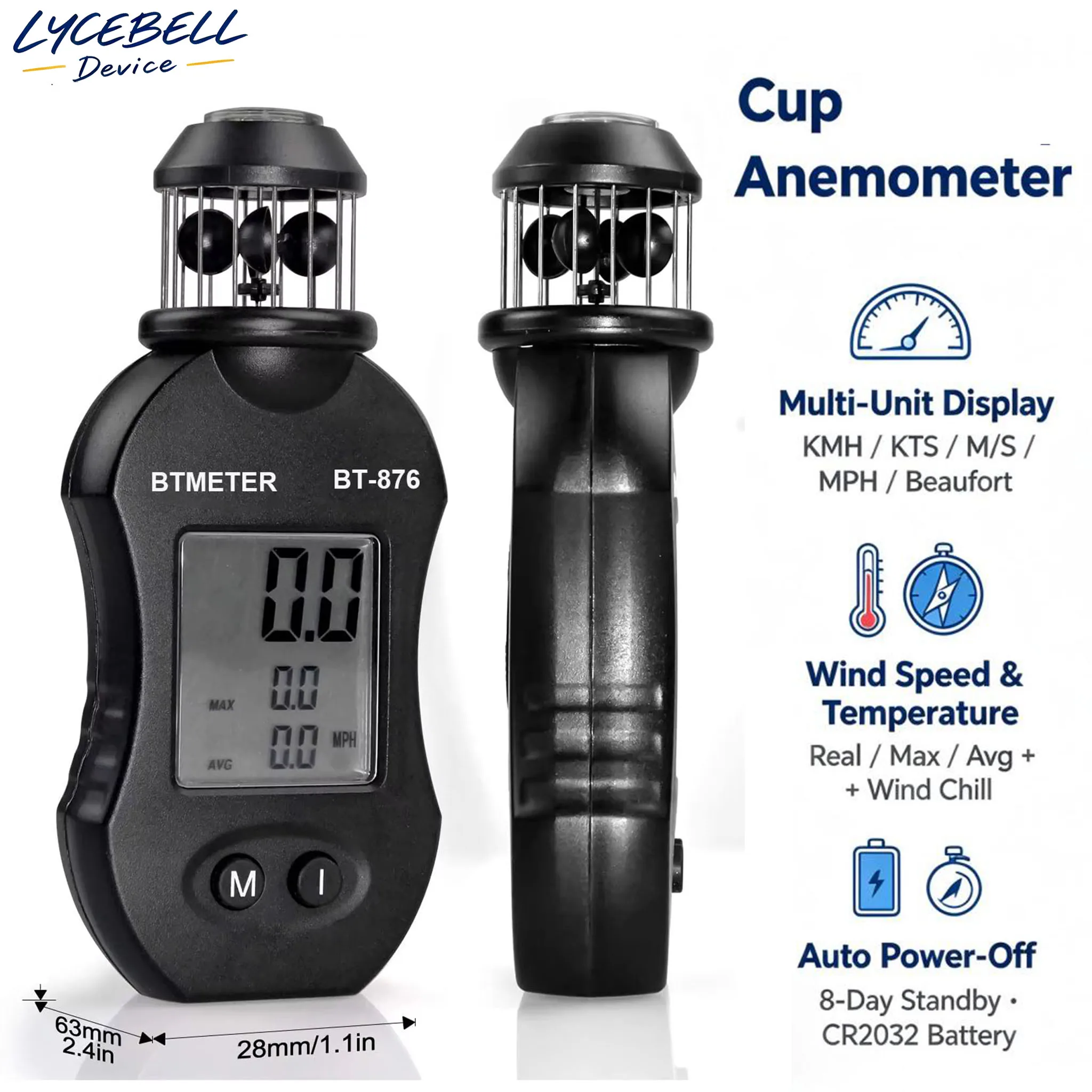 BT-876 Cup Anemometer Wind Speed Meter Handheld Anemometer Digital Wind Gauge Beaufort Scale Compass CR2032 for Sailing Hiking