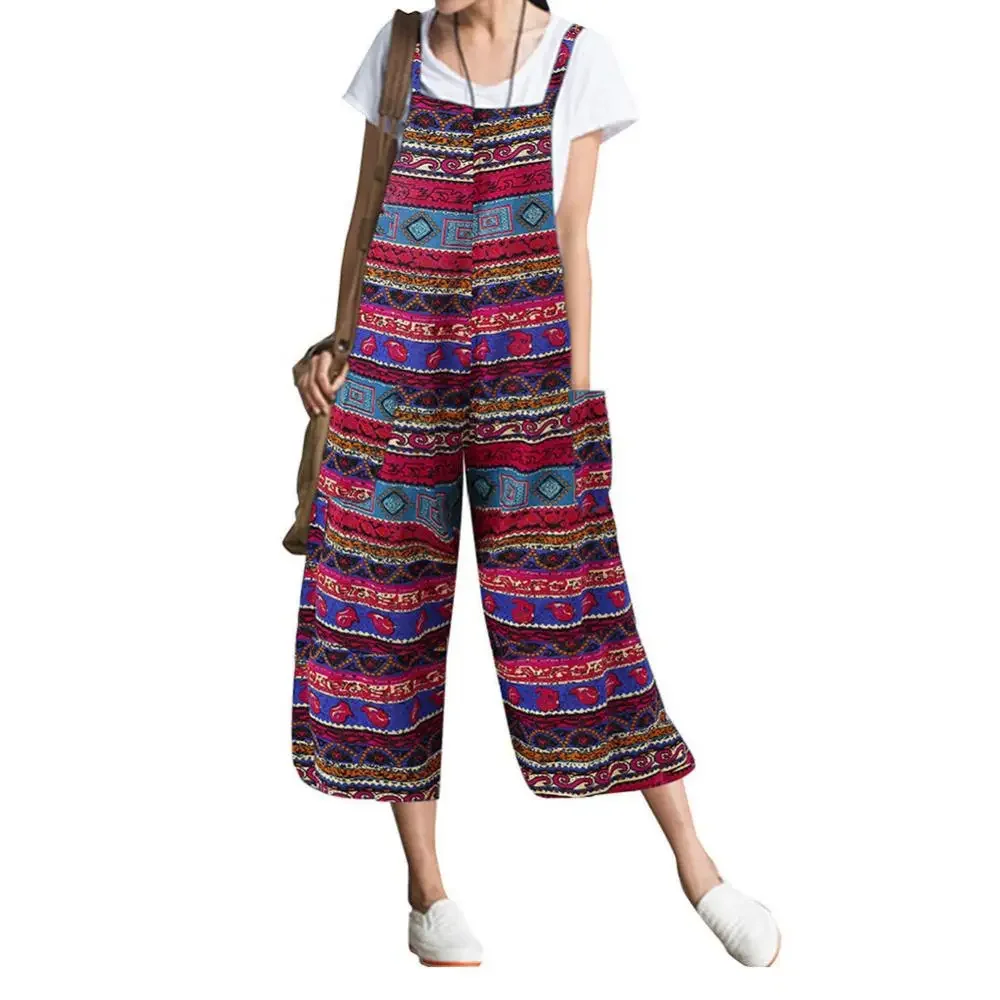 2024 New Women Jumpsuits Summer Overalls Multicolor Ethnic Style Sleeveless Casual Rompers with Pockets for Girls Playsuit Pants