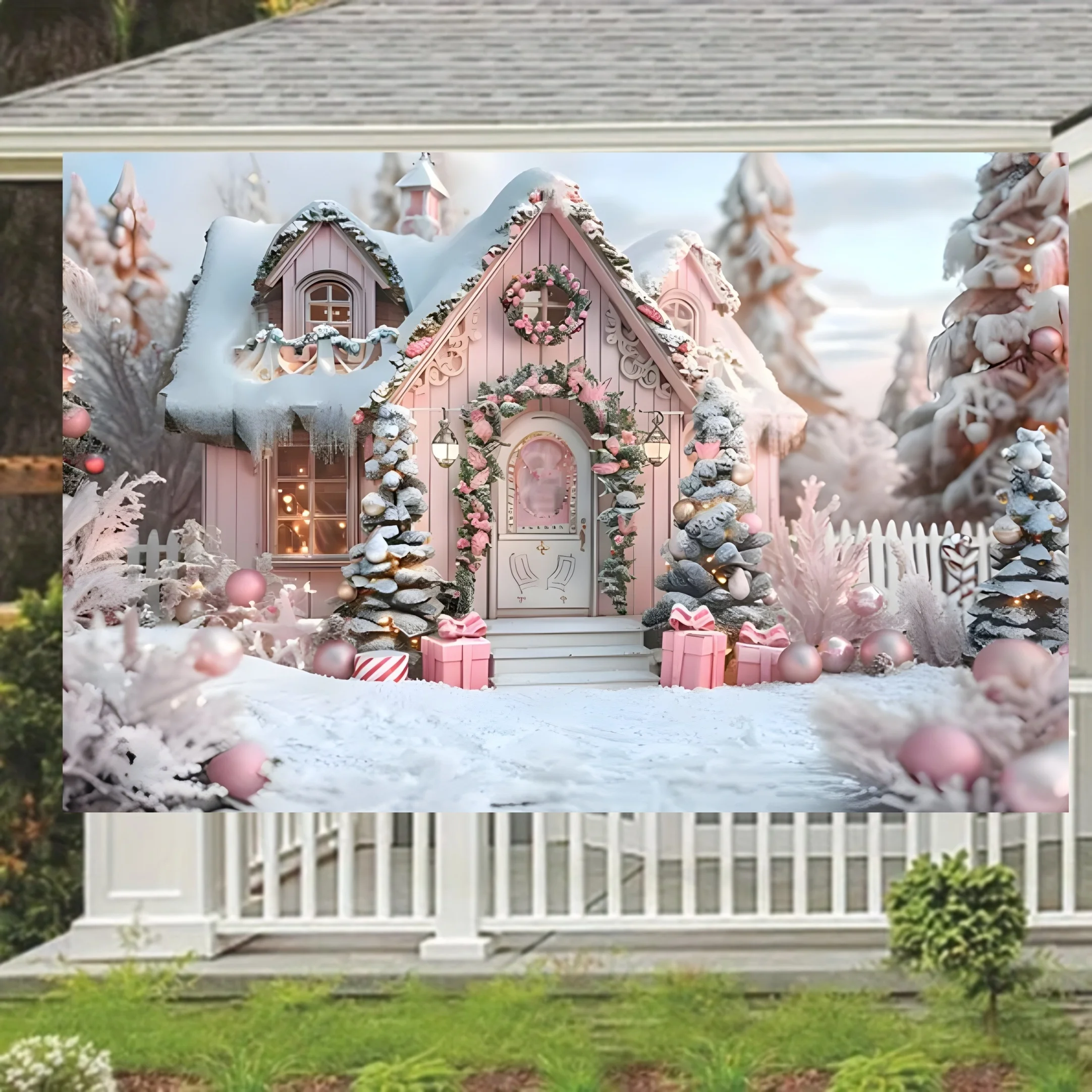 Pink Christmas Cabin Background -Winter tree and gift box design studio banner for party decorations, birthday celebrations, etc