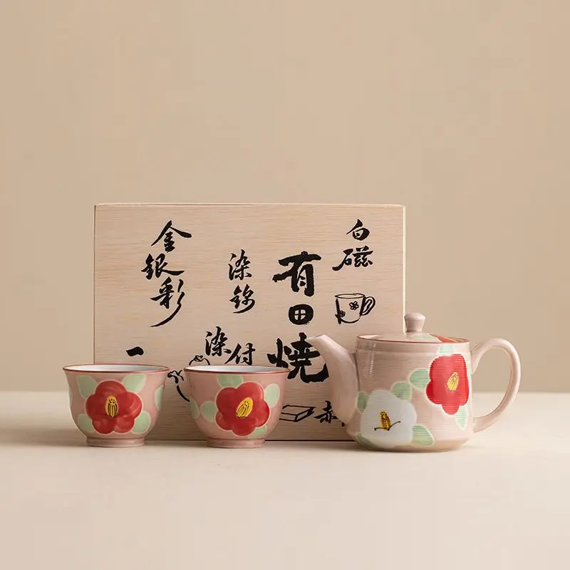 Burnt ceramic powder glaze camellia, small fresh hand-painted, gift box household tea set, set gift