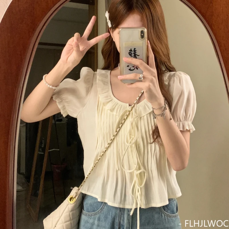 Ruffles Cute Peter Pan Collar Tops Blouses New Design 2023 Summer Women Chic Korea Casual Japan Girls Bow Tie Blouses