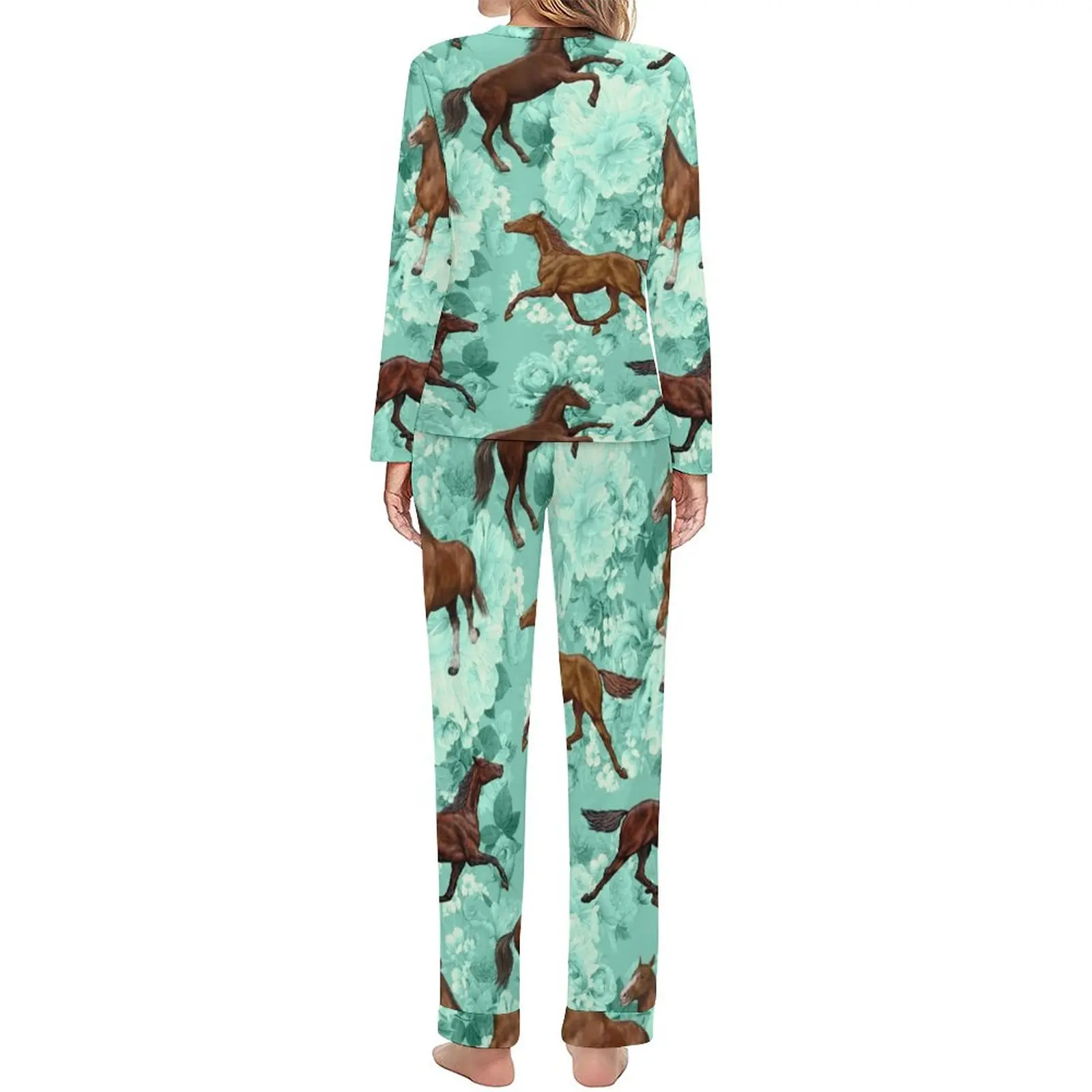 Cool Running Horses Pajamas Female Flowers Print Kawaii Sleepwear Spring 2 Pieces Aesthetic Oversize Pajama Sets