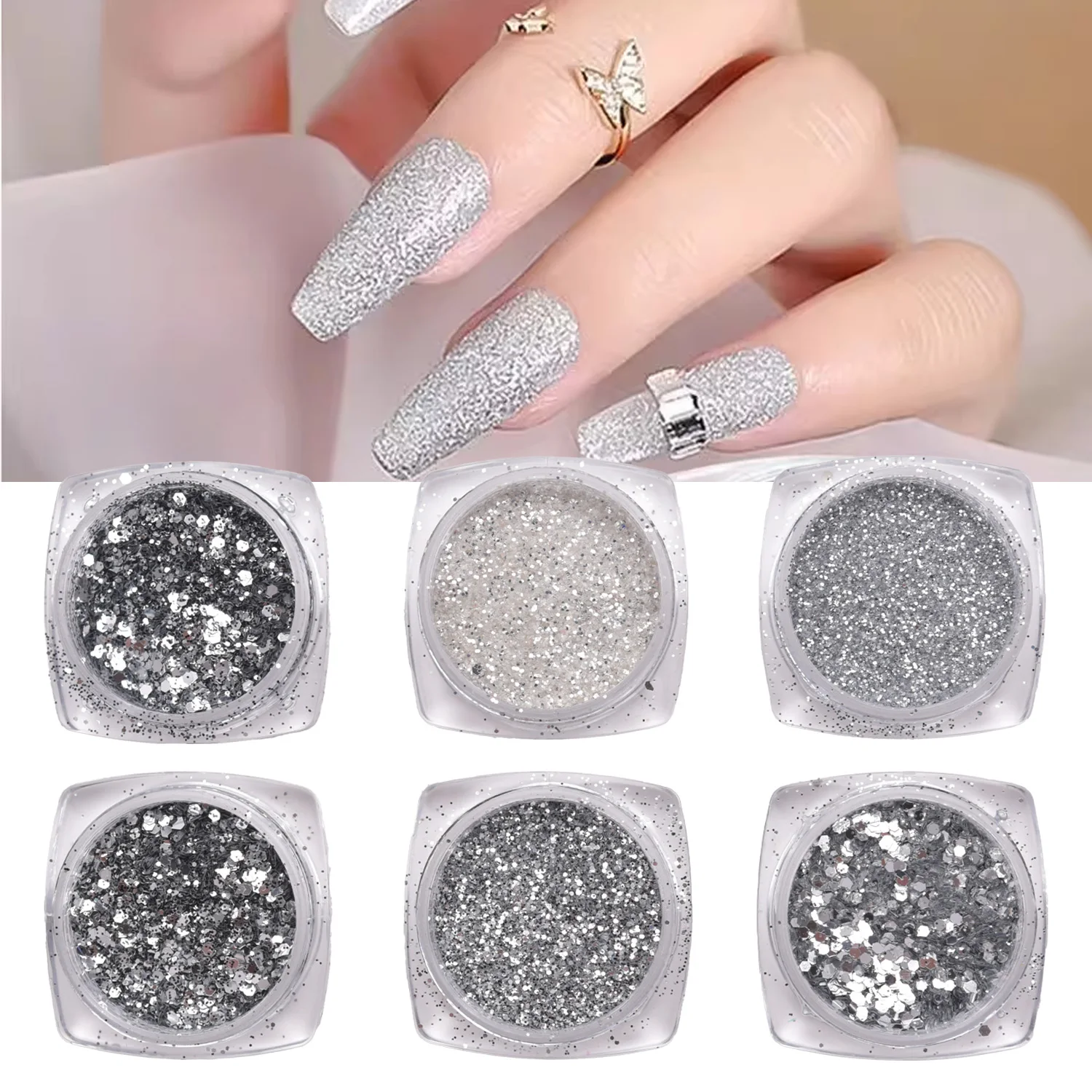 6pcs Nail Polish Glitter Fine Sand Holographic Glitter Powder Black White Reflective Pigment Flakes Powder Manicure Accessories
