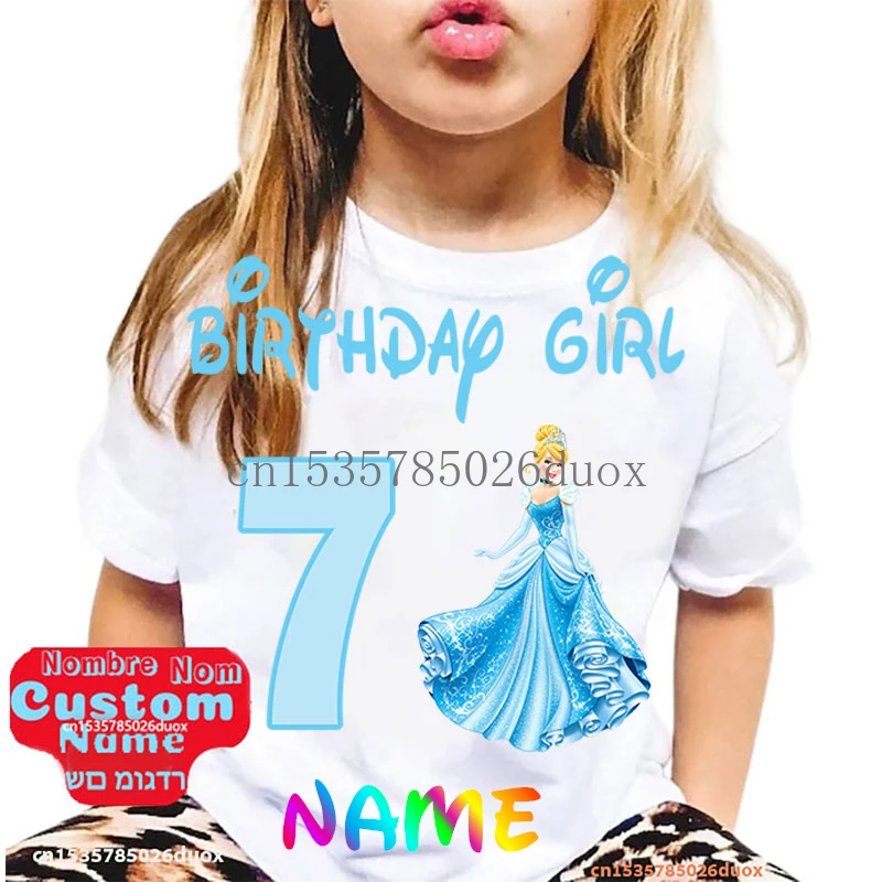 2 3 4 5 6 7 8 9 ديزني الأميرة ياسمين عيد ميلاد الملابس هدية سندريلا Kawaii فتاة تخصيص اسم الصيف قصيرة الأكمام التي شيرت