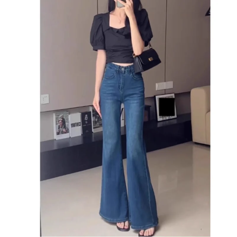 

Women Dark Blue Slim Flare Jeans Autumn Winter New Style High Waist Slim Fit Slimming Design Sense Micro Flare Pants