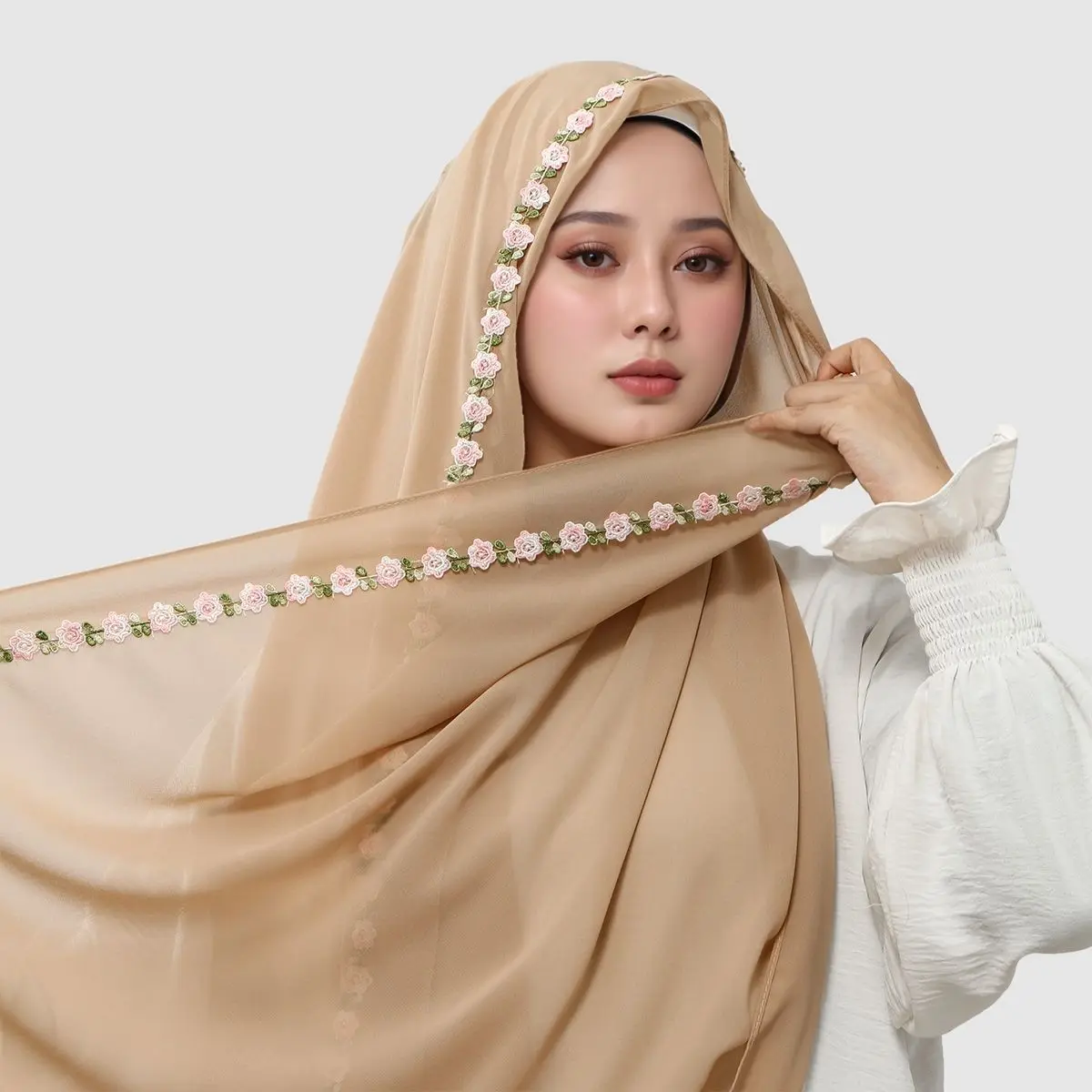 

﻿Woman Muslim Hijab Rose Embroidered Chiffon Long Shawl Scarf Solid Floral Turban Headscarf Summer Headwrap Bandanas 180*70cm