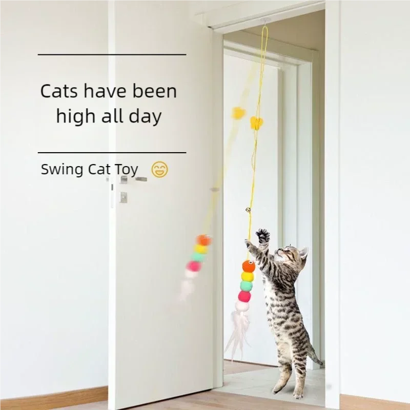 Hanging Door Cat Swing Toy Elastic Feather Bell Teaser Wand Self Play Interactive Boredom Relief Exercise Toy For Indoor Cats