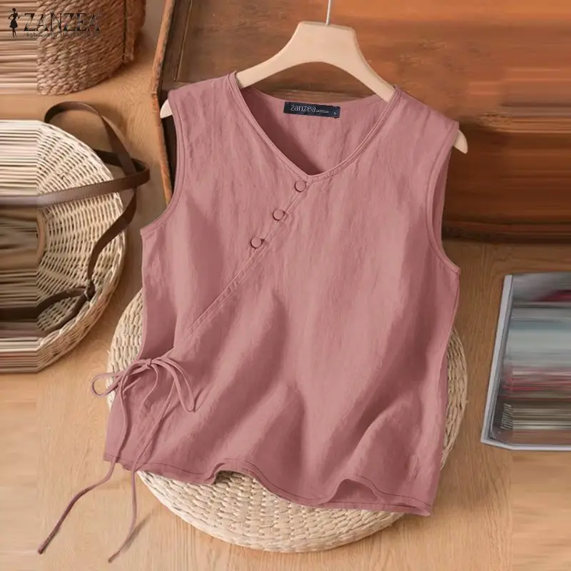 ZANZEA Women Cotton Linen Tank Tops V-Nck Lace-Up Front Solid Color Sleeveless Tops 2026 Summer Daily Casual Breathable Tanks