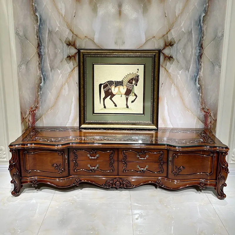 

European pure solid wood TV cabinet luxury carved villa living room furniture piano paint all imported oak floor