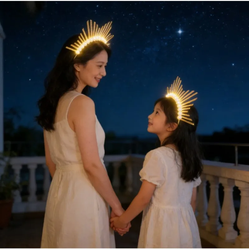 

Illuminated Virgin Mary Crown Headband - LED Light Up Halo Tiara with Golden Spikes & Pearls for Halloween, Cosplay, Bridal