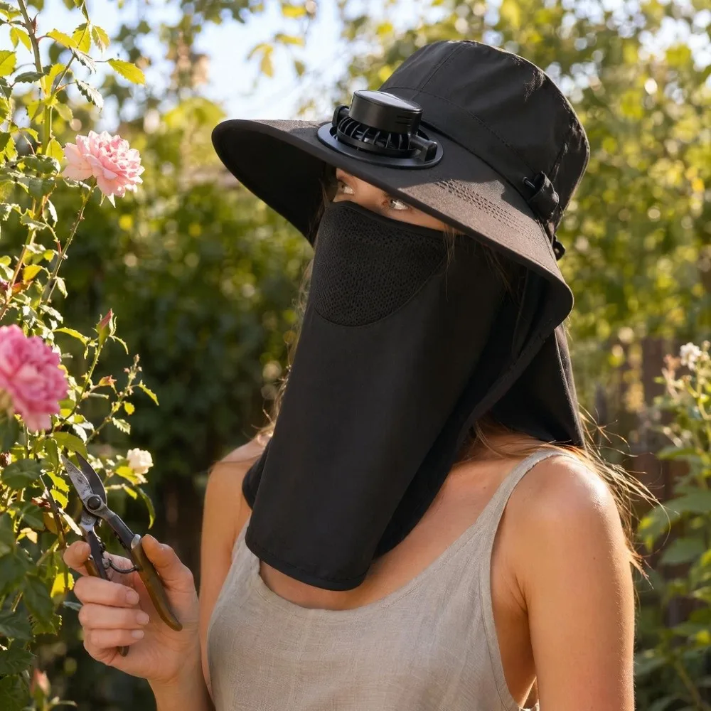 Full-Coverage Sun-proof Solar Fan Hat Wide-Brim with Shawl Face Cover Bucket Hat Breathable Trendy Outdoor Travel Hat