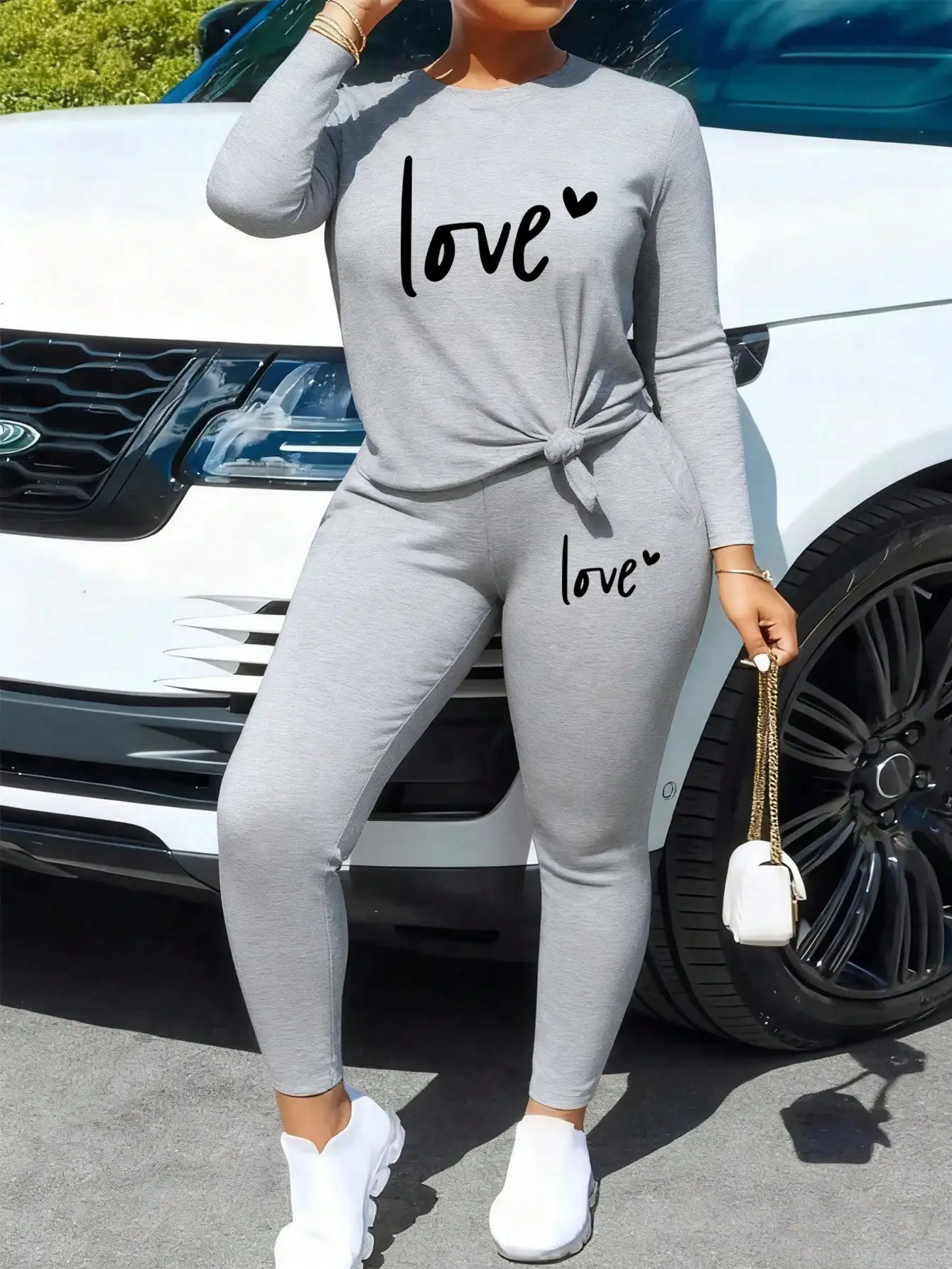 2026 Women's New Casual Elegant Round Neck Letter Pattern Long Sleeve+Letter Pattern Elastic Waist Tight Leg Pants
