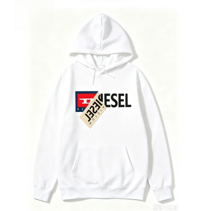 2026 new Drawstring hooded sweater with overlapping sticker-style square logo large bold letter pattern suitable for both