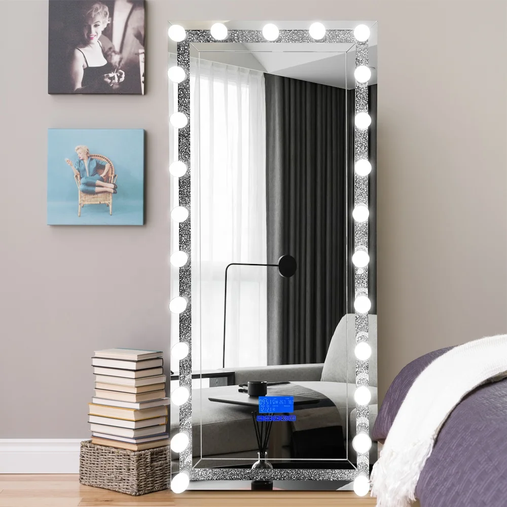 Crushed Diamond Hollywood LED Full Length Mirror Fitting Dressing Floor Mirror  Standing Mirror for Bedroom Furniture Espejo