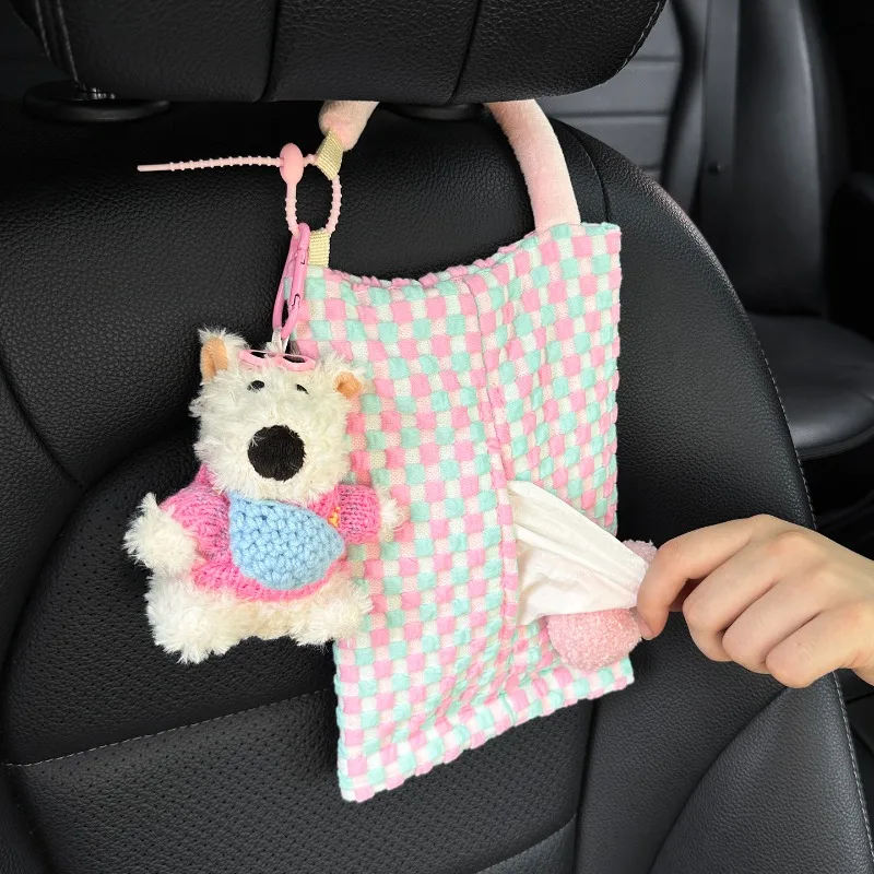 

Cute Doll Car Tissue Box Portable Hanging Car Interior Accessories Plaid Fabric Design Ideal Gift Seat Storage Tissue Bag