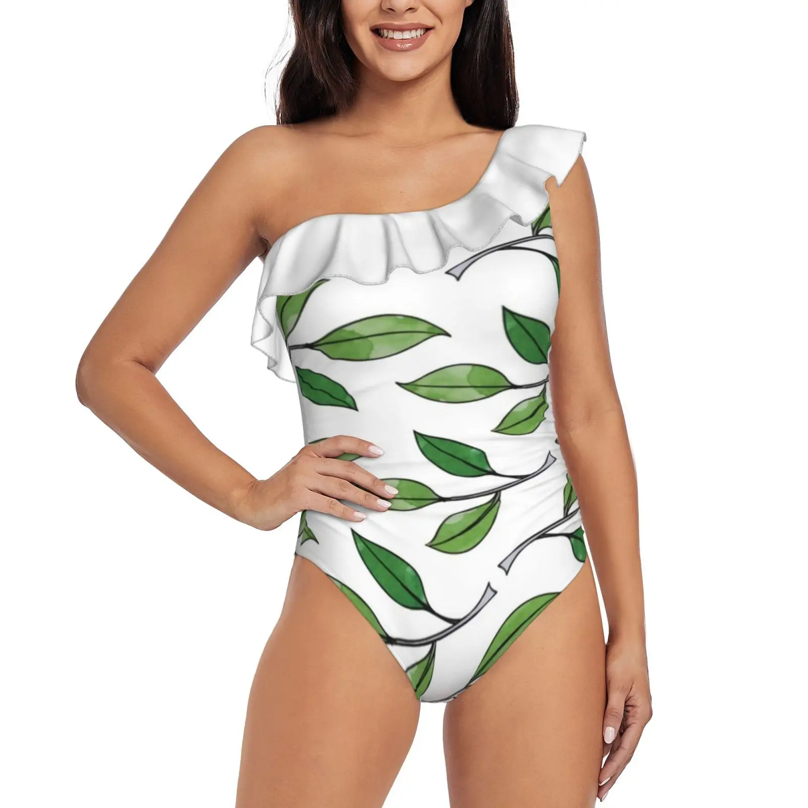 

Watercolor Green Leaves Pattern One Piece Swimsuit Women Ruffle Monokini Shoulder Swimsuit Bathing Suit Swim Wear Watercolor