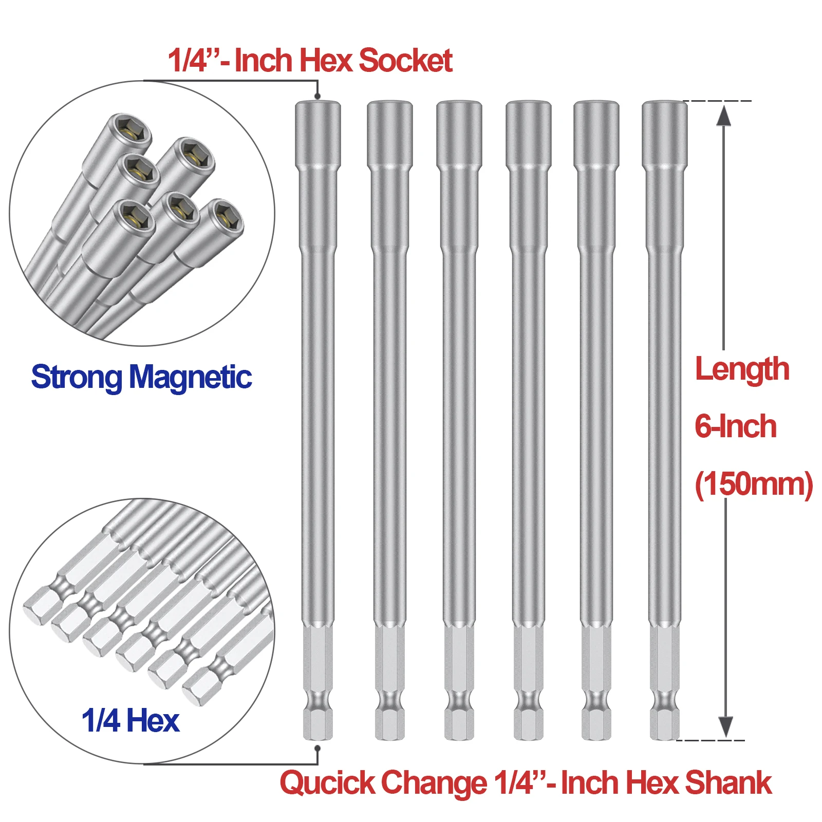 6PCS 6-19mm Impact Socket Magnetic Nut Screwdrive 6in Extension Rod 1/4\