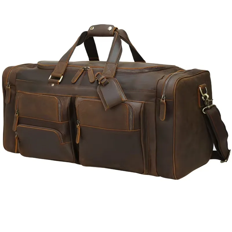 Large Capacity Leather Duffel Bag Weekend Travel Bag Men's Full-grain Cowhide Overnight Bag