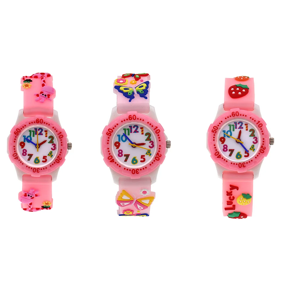 3 unids/lote rosa 3D correa de silicona relojes estudiantes niños deportes reloj de cuarzo impermeable regalos de navidad