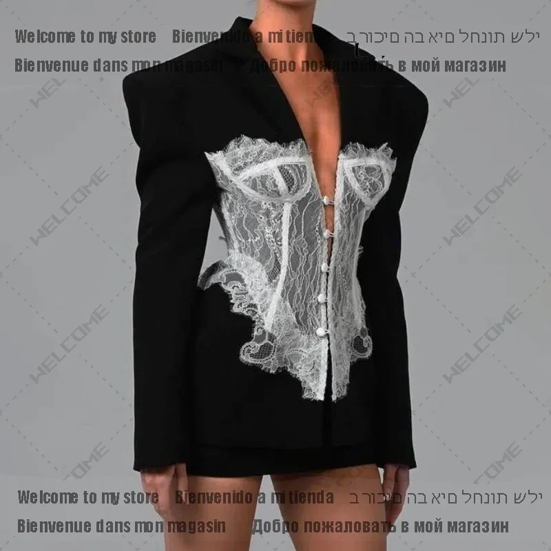 Women Blazer 2025 Autumn Lace Stitched Single Breasted Ladies Black Blazer Coat Vintage Women's Slim Suit Jacket New