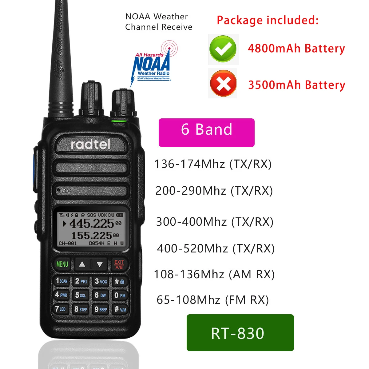 Top! RT-830 NOAA Kanał pogodowy 6 pasm Amatorska szynka Dwukierunkowe radio 128CH Walkie Talkie Air Band Kolorowy skaner policyjny Marine