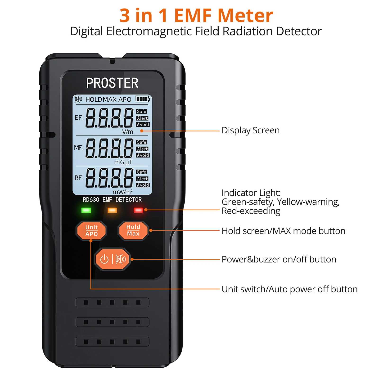 EMF Meter 3 in 1 Digital Electromagnetic Field Radiation Detector for EF RF MF 5G Cell Tower WiFi Signal Detector