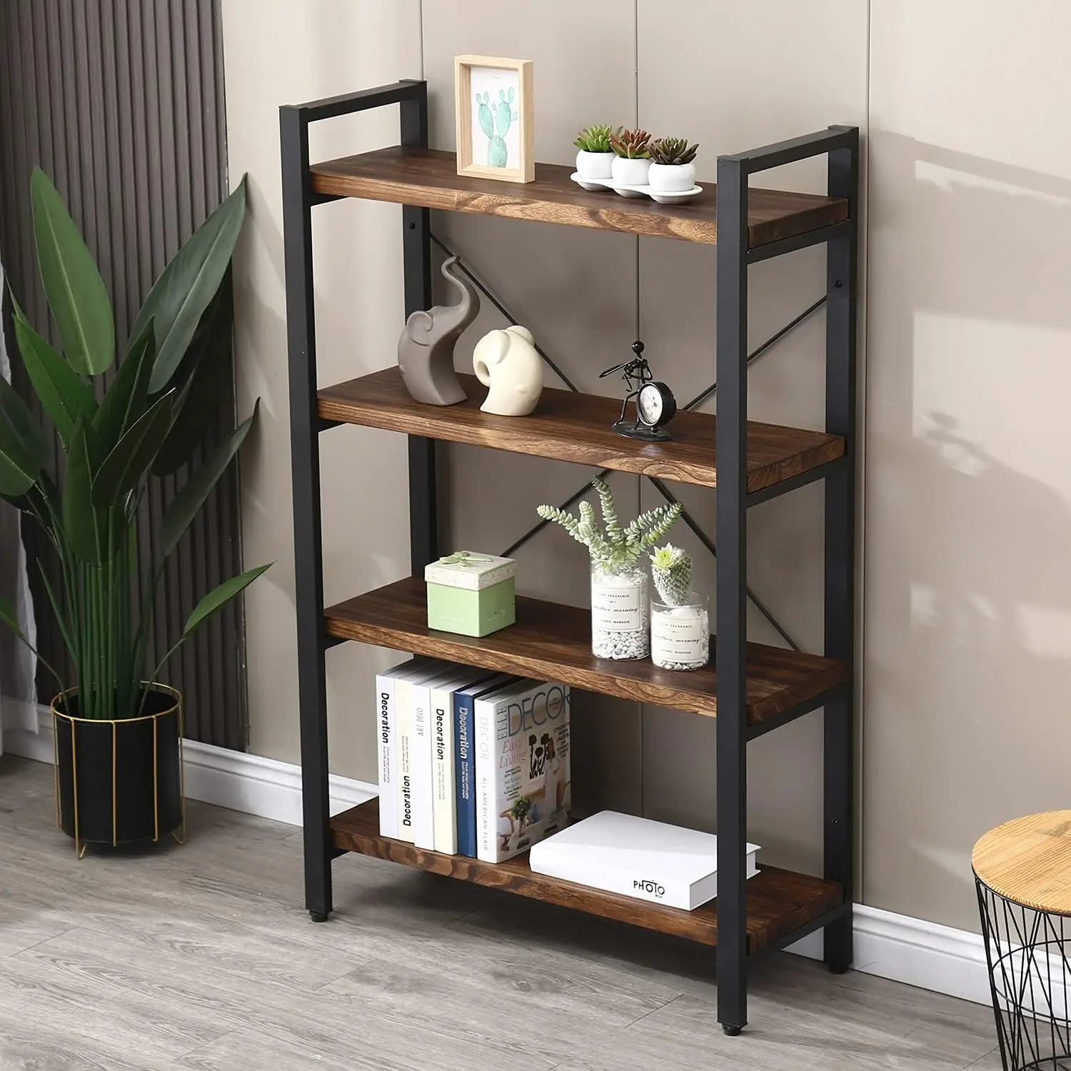 Wood Bookshelf,4 Tier Rustic Vintage Industrial Etagere Bookcase, Open Metal and Wood Vintage Book Shelf, Retro Brown