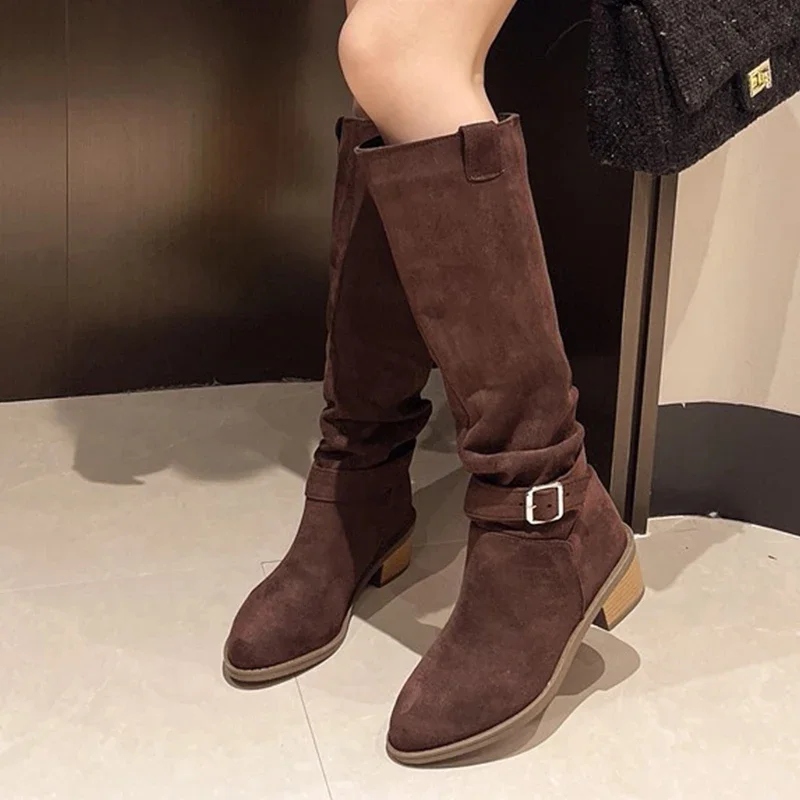 

Platform Thick Heel Women Western Cowboy Boots Fashion Slip On Folded Pile Long Booties Female Shoes Autumn Winter Suede Pointed