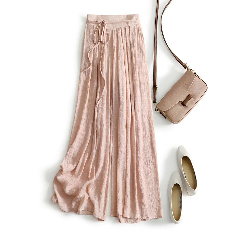 

Элегантные повседневные брюки из хлопка и льна с драпировкой, летние плиссированные текстурированные свободные брюки-юбка с широкими штанинами, женские, с высокой талией