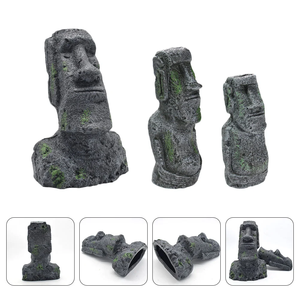 

3 Pcs Fish Tank Accessories Decoration Moai Stone Statues Resin Replicas of Glass Aquarium Desktop Ornament