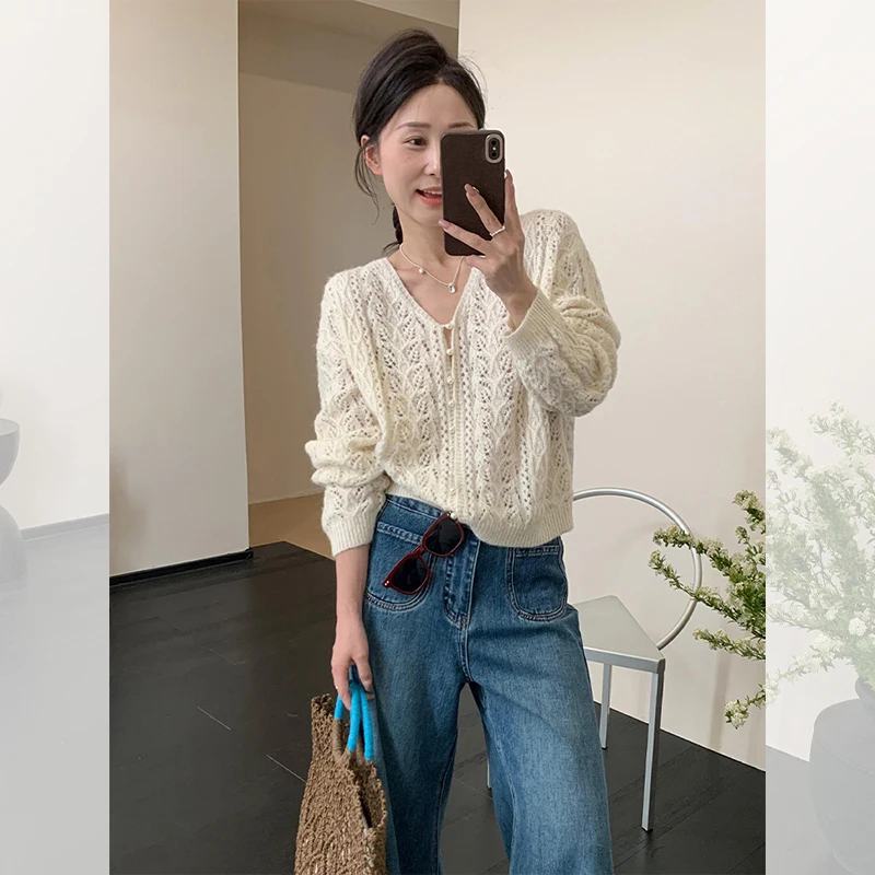 

Белый вязаный крючком кардиган с v-образным вырезом и длинными рукавами для женщин, летняя майка в сочетании с защитой от солнца из ледяного шелка.