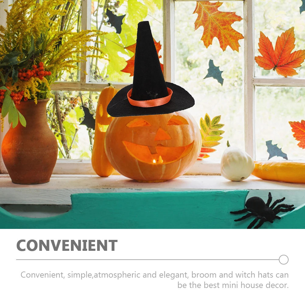 

1 set Mini Felt Hats 8CM*6 Black Purple Broomsticks Red Rope Halloween Decor Supplies Craft Party Hat Tiny Witch Hats For Crafts