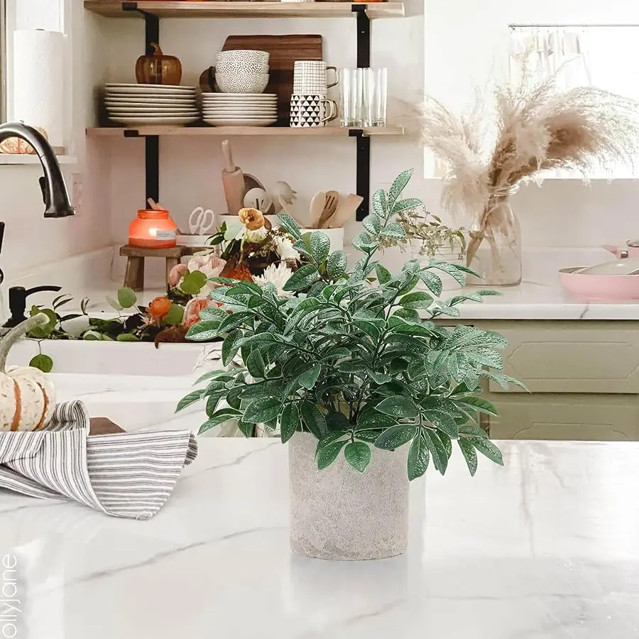 2 sztuki małych sztucznych roślin doniczkowych, sztuczne zioła do dekoracji półki, biurka, domu, łazienki, domku na wsi, pokoju, stolika kawowego (szary, zielony)