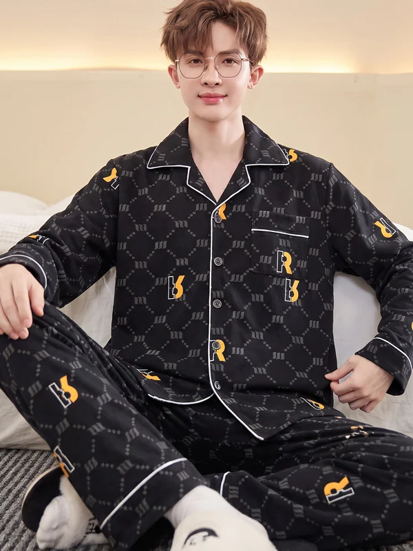 Men's Pure Cotton Long Sleeve Sleepwear Large Size Home Clothes Set Cartoon Print Comfortable Breathable Spring Autumn Wear