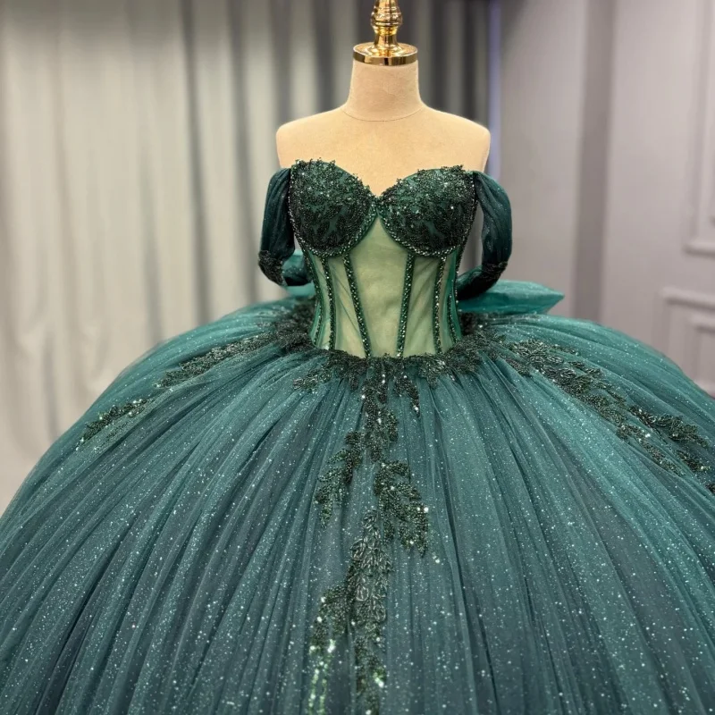 

Shiny dark green Quinceanera Dress glitter crystal Decal Lace layering Long tail Bow Vestidos De 15 Quinceanera ﻿Customize