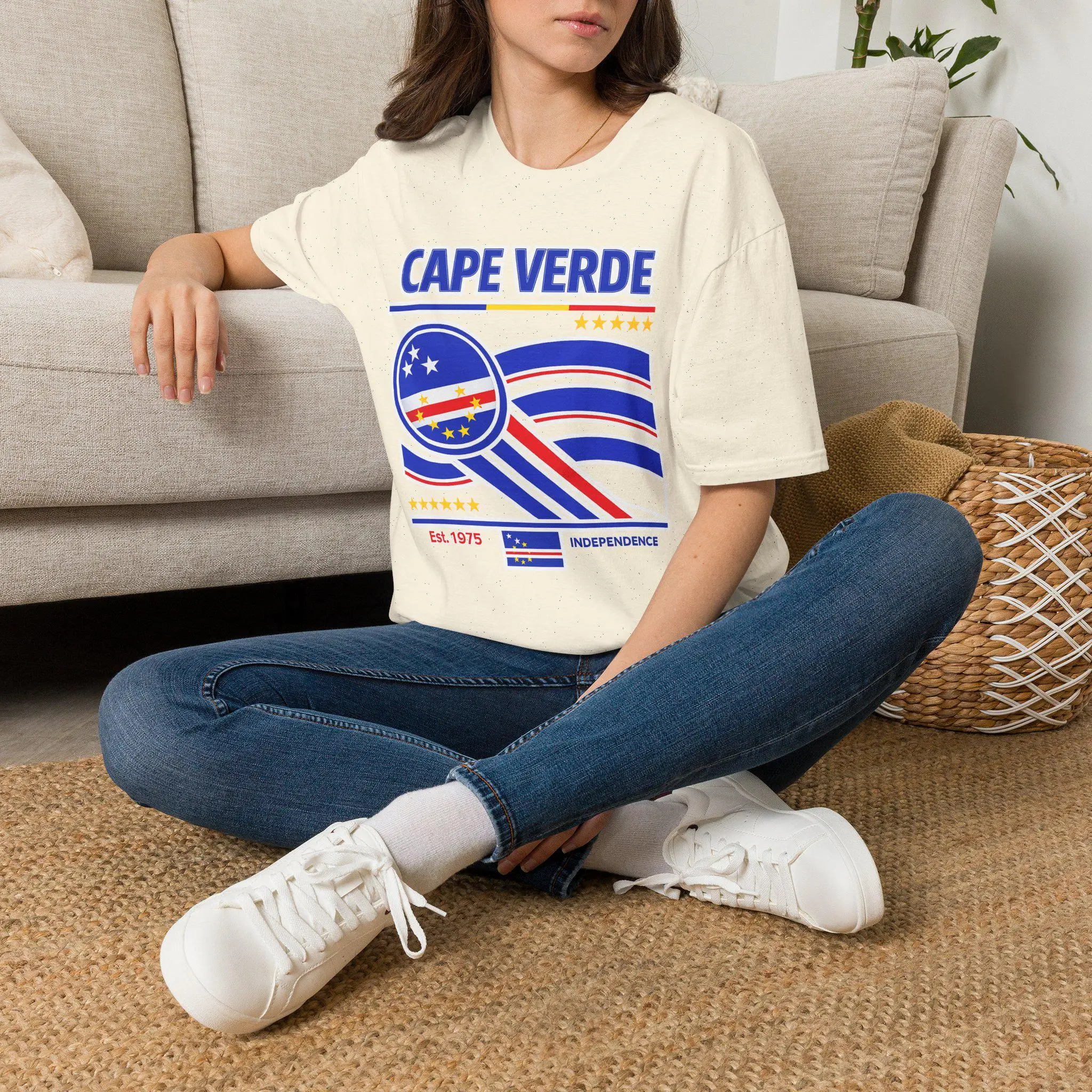 Vozinha Split Design Portrait&Save Cape Verde Flag Star Map Retro Cotton T-shirt Football Fan T-shirt Comfortable Breathable