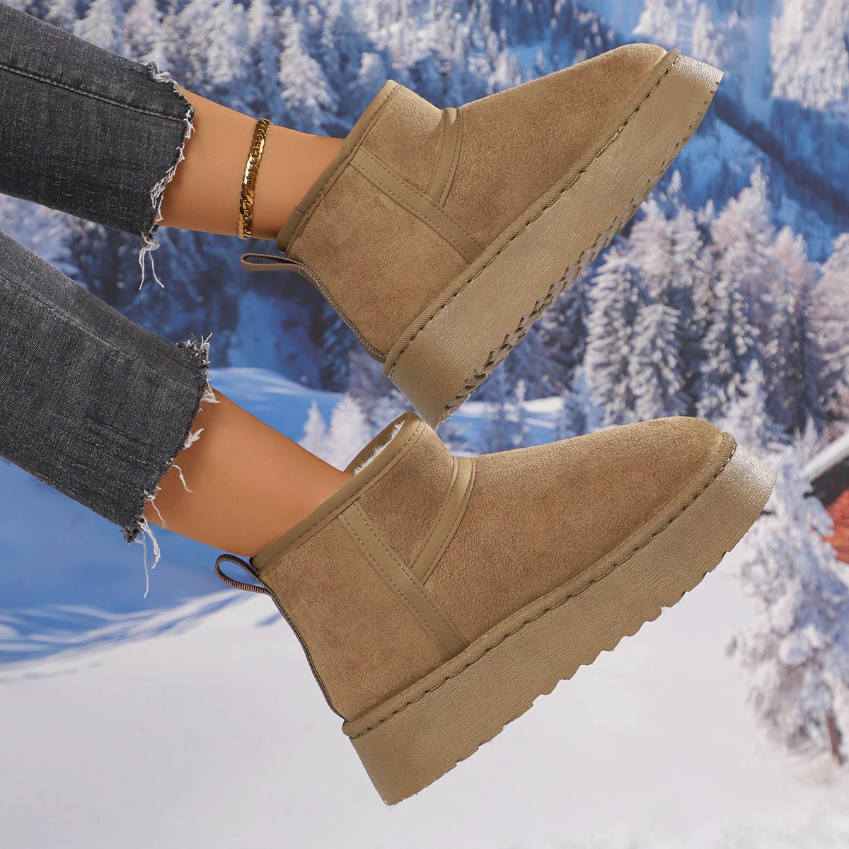 Echte Schafsfell-Wollstiefel mit Niedrigem Schaft, Warme Komfortable Damenschuhe, Modische Kurze Schuhe 2025, Neue Winter-Warme Stiefel, Pelzbesetzte Damen-Schneestiefel – Detail 7