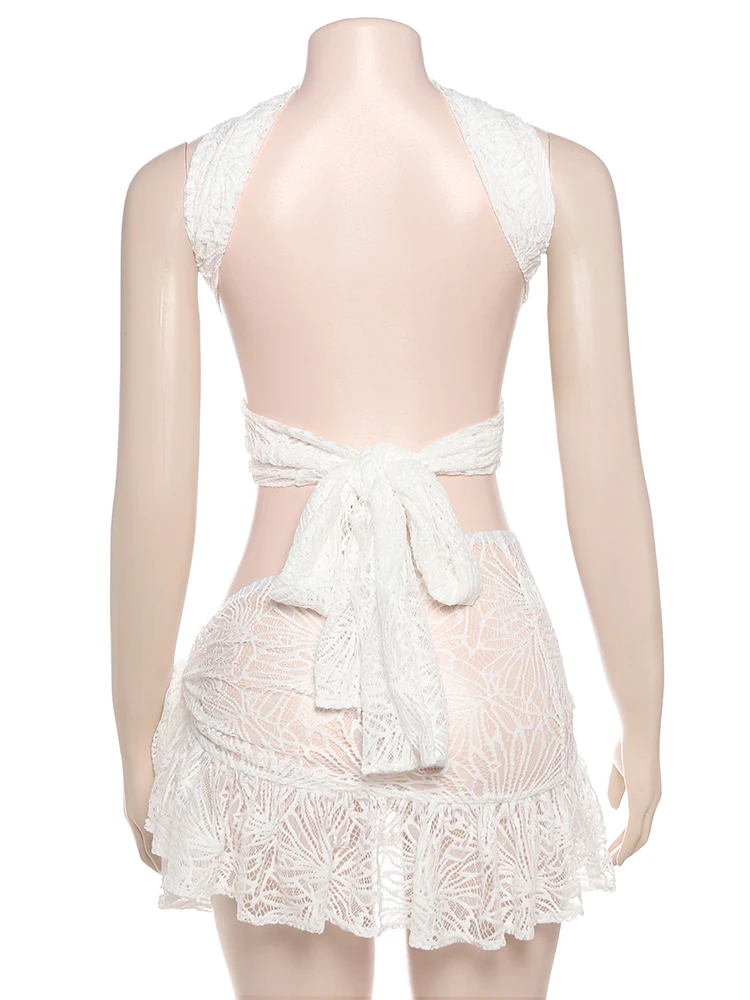Conjunto esquisito, conjunto de 2 peças, conjunto de bandagens de gola baixa cruzada, mini tops + saias de renda com ruched, roupas estilo Y2K