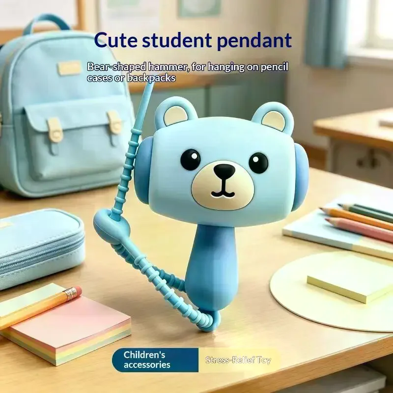 Cute Cartoon Bear Squeaky Hammer Keychain Funny Soft Shaking Sound Stress Relief Toys Bag Pendant Decoration Kids Gift