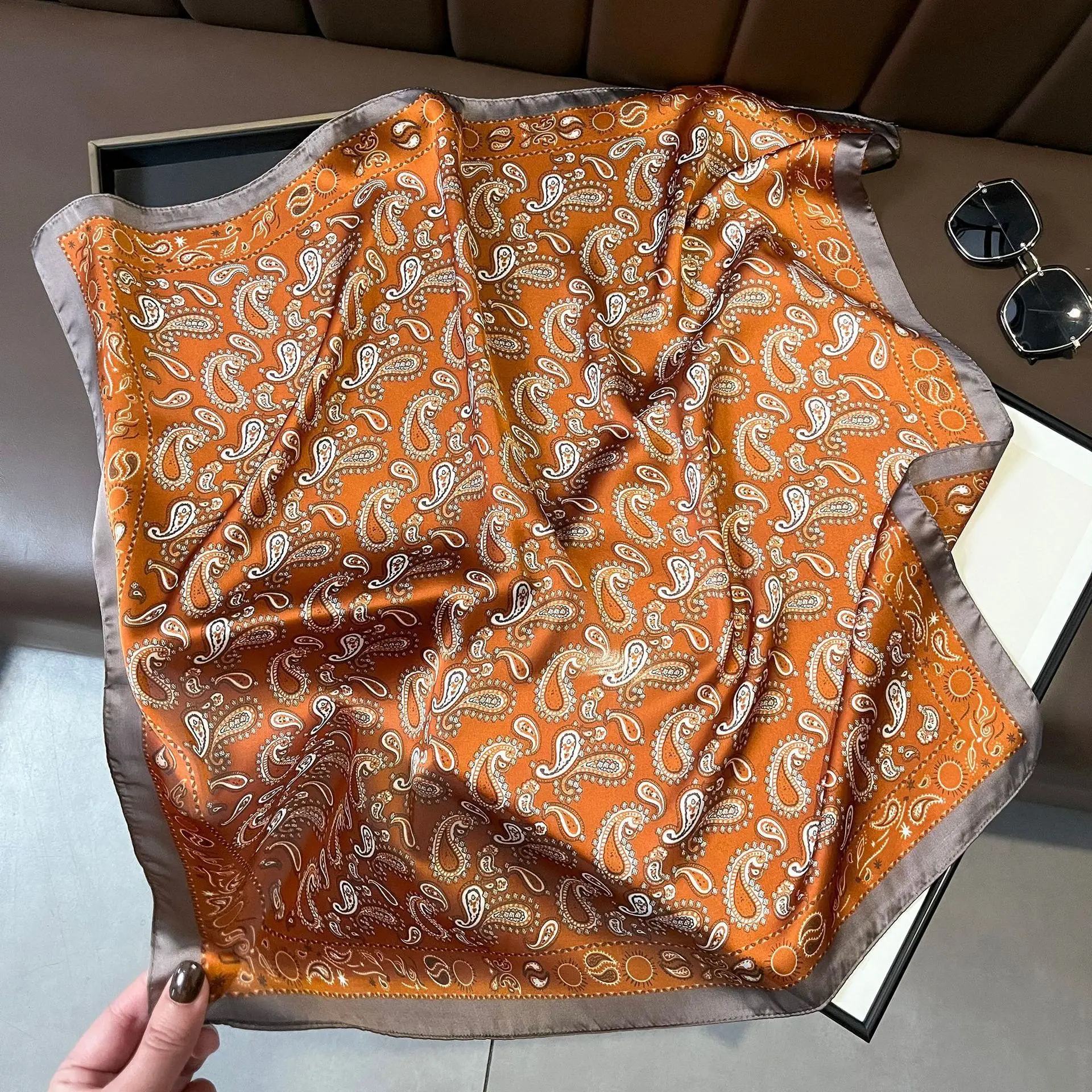 Paisley Houndstooth Silk Square Scarf Ladies Peacock Blue Thin Smooth Neck Hijab Vintage Style Sunscreen Headscarf For Women