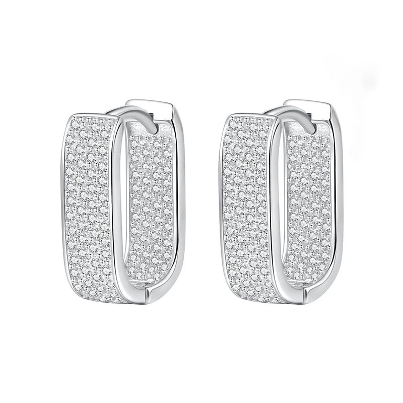 

S925 sterling silver full moissanite 18K white gold stud earrings for women, featuring small square ear cuffs, luxurious, high-e