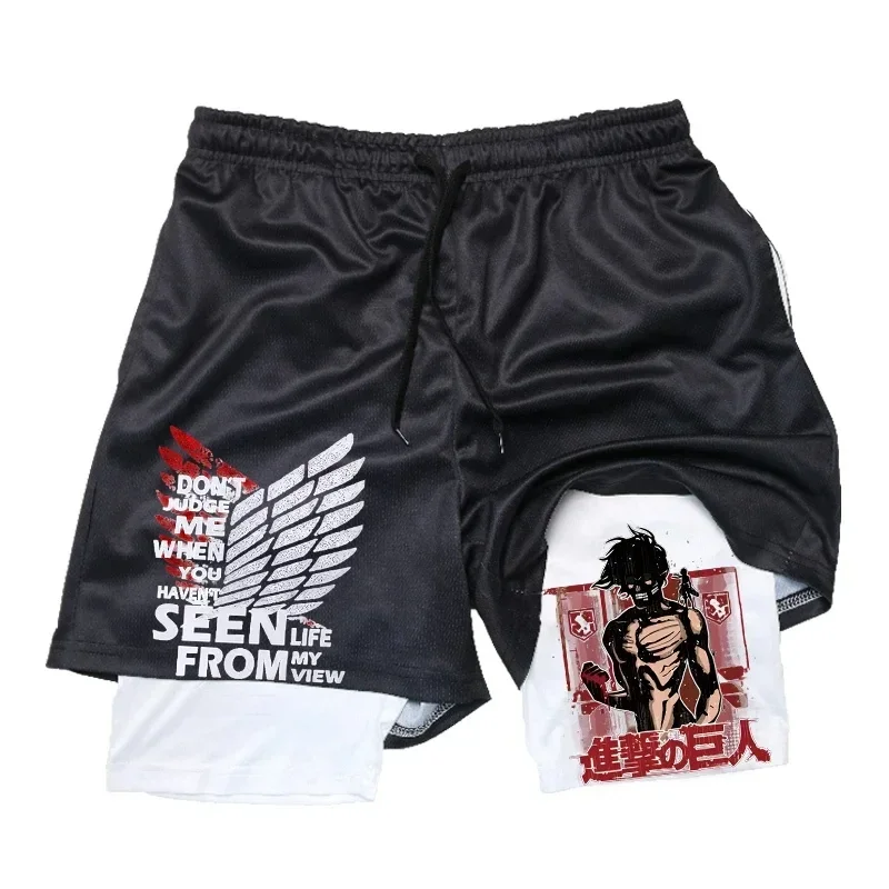 Anime Attack on Titan Pantaloncini da allenamento per palestra 2 in 1 da uomo Pantaloncini a compressione atletica elasticizzata ad asciugatura rapida Fitness Corsa da jogging