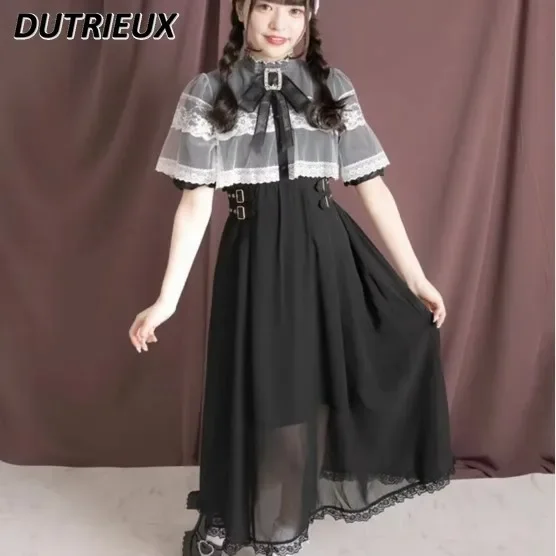 Rojita japonês mina série véu manto meia manga broche dupla camada vestido de renda feminino 2024 verão novo vestido preto de manga curta