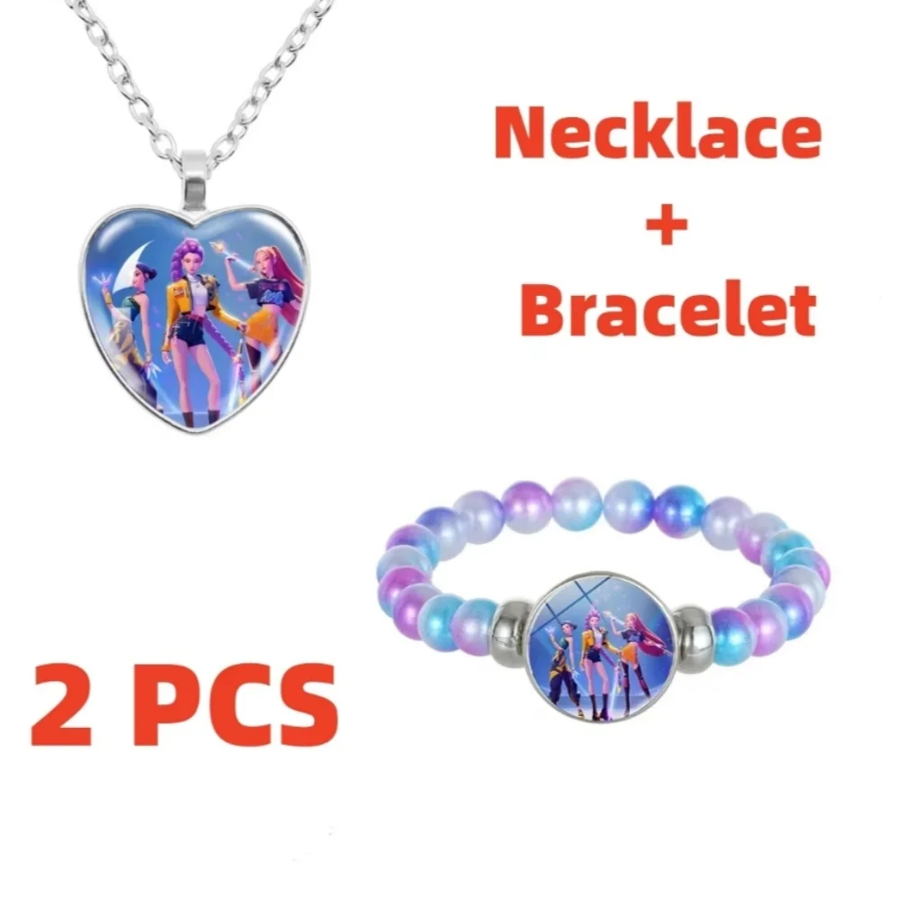 2pcs Kpop Demon Hunters Jewelry Set Anime Necklace and Bracelet for Girls Kawaii Cosplay Accessories Christmas birthday Gift
