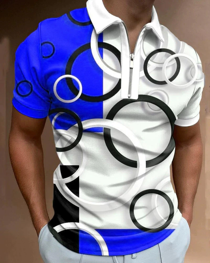 Round Pattern Fashion Men's Polos T-Shirts Summer Short Sleeve 3D Printed Street Trend Zippers POLO Tee 6XL Big Size Casual Tops