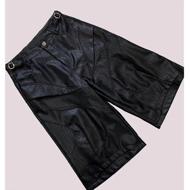 

Мужские черные шорты из искусственной кожи, осенний дизайн, повседневные, однотонные, свободные, плиссированные, с широкими штанинами, прямые брюки