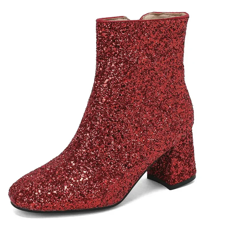 Duży rozmiar 48 49 50 Gold Silver Blue Sequined Cloth Glitter Winter Shoes Women Chunky High Heels Bling Party Ankle Chelsea Boots