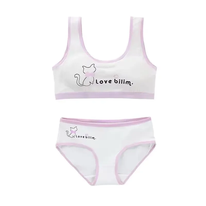 Puberdade meninas conjuntos de calcinha adolescente algodão acolchoado sutiã de treinamento + calcinha crianças sutiã esportivo roupa interior