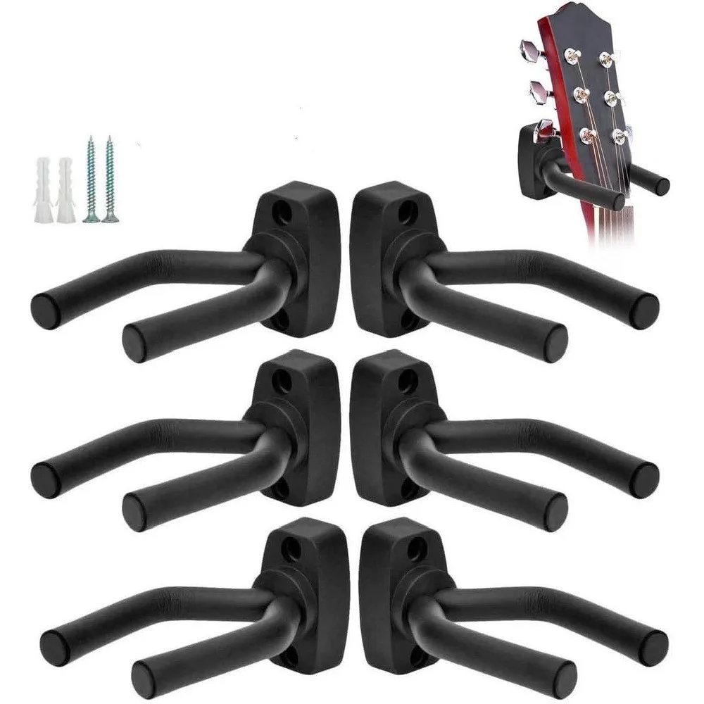 1 Pack Black Guitar Wall Mount Hanger, Adjustable Two-Prong Instrument Wall Hook, Heavy Duty Rubber Coated Guitar Holder for Acoustic Electric Bass Ukulele Mandolin Banjo